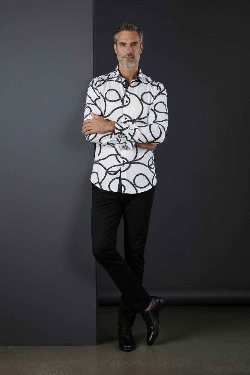 White Nautical Rope Print Dress Shirt