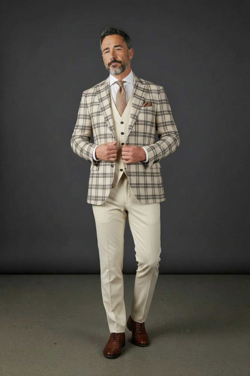 Cream & Black Plaid Blazer - Three-Piece Windowpane Suit