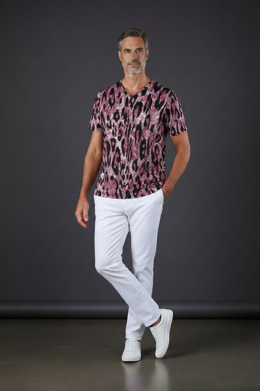 Pink Leopard Snake Print V-Neck T-Shirt
