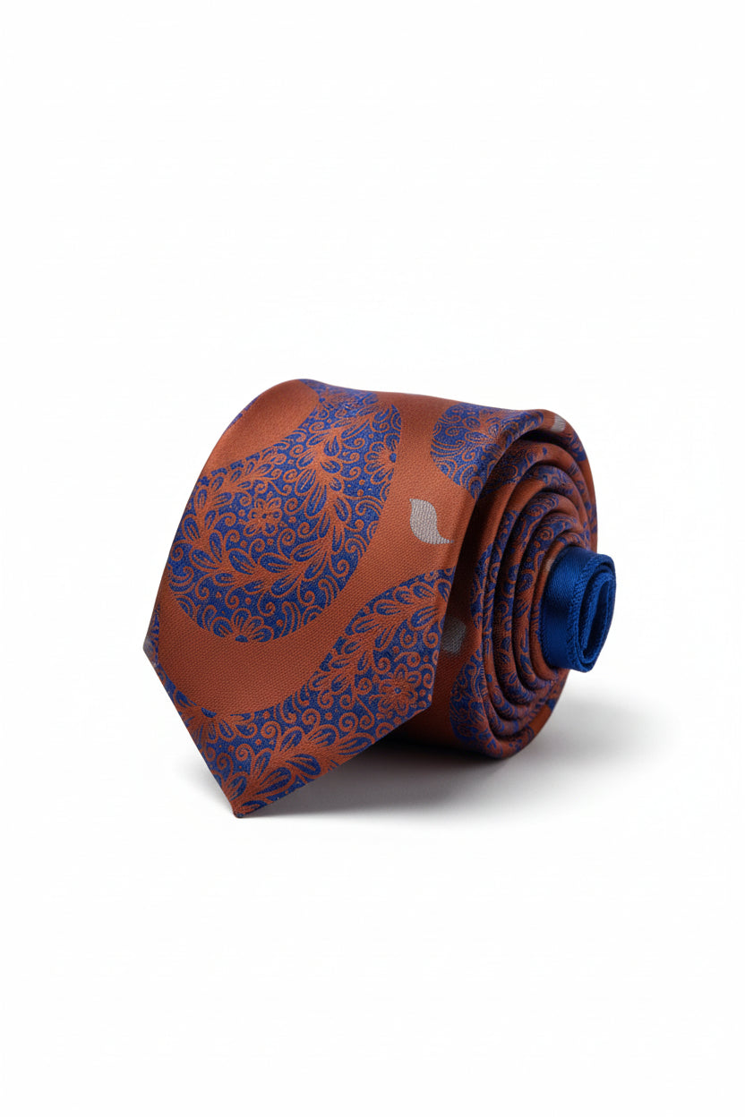 Copper Blue Paisley Tie with Pocket Square - Luxury Formal Set