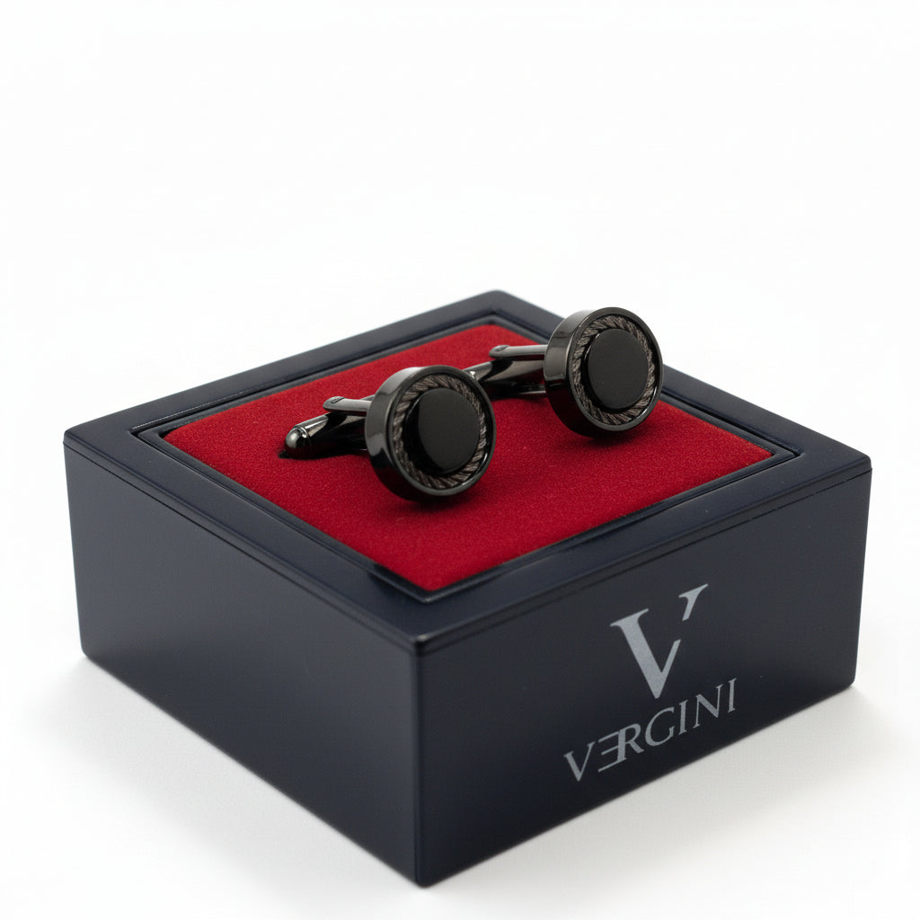 Vercini  Black Onyx Cufflinks with Textured Border