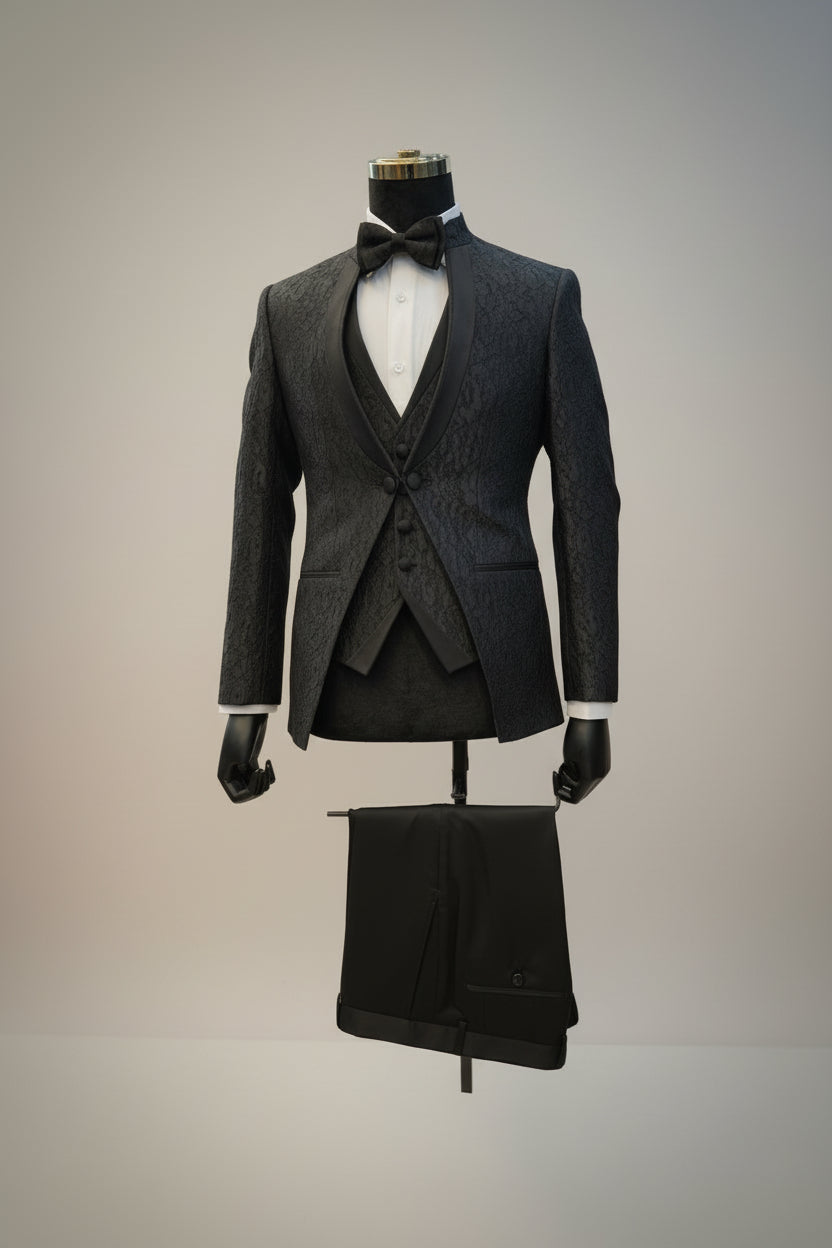 Elegant Texture Black Crochet Tuxedo - Slim Fit No-Collar Design