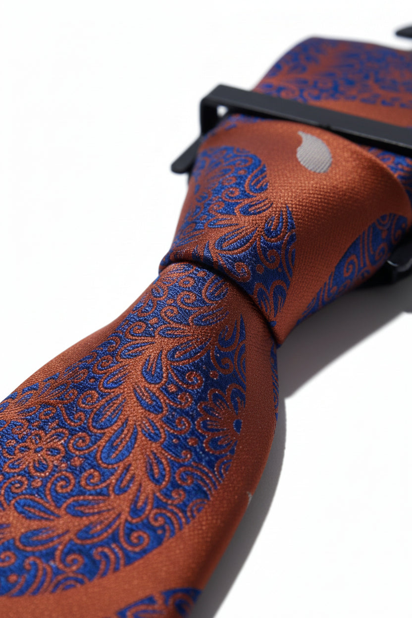 Copper Blue Paisley Tie with Pocket Square - Luxury Formal Set