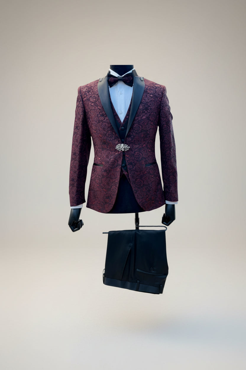 Burgundy Tuxedo with Crochet Pattern - Slim Fit