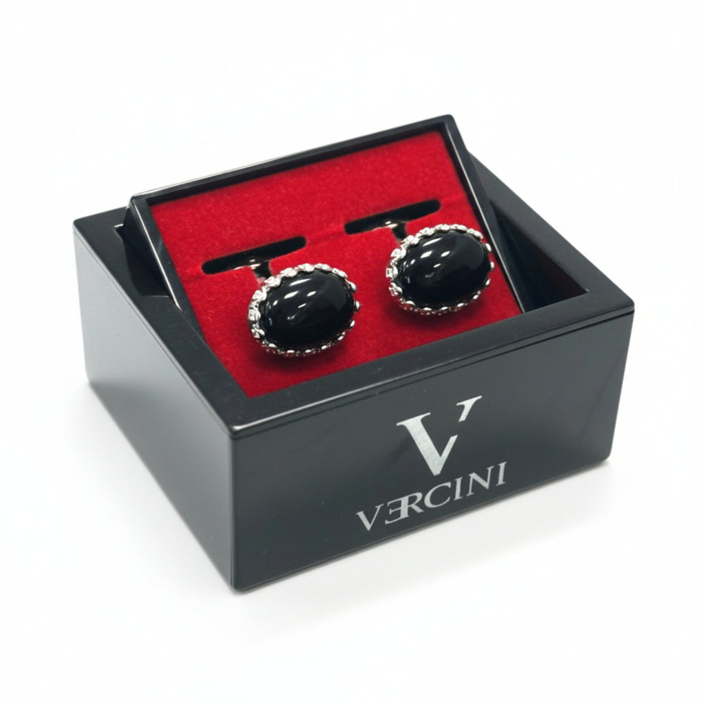 Vercini Men's Oval Black Onyx-Style Cufflinks with Silver-Tone Textured Border
