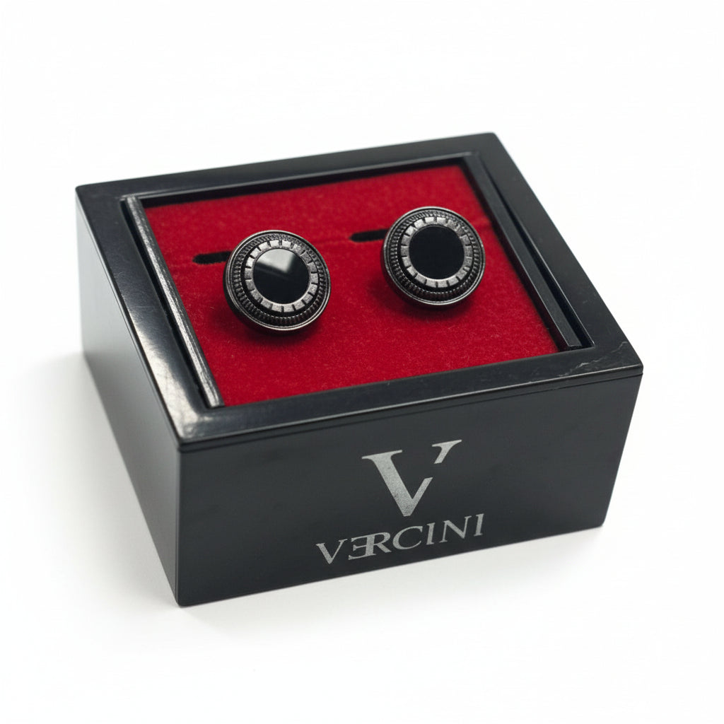 Vercini Elegant Black & Silver Circular Cufflinks in Presentation Box