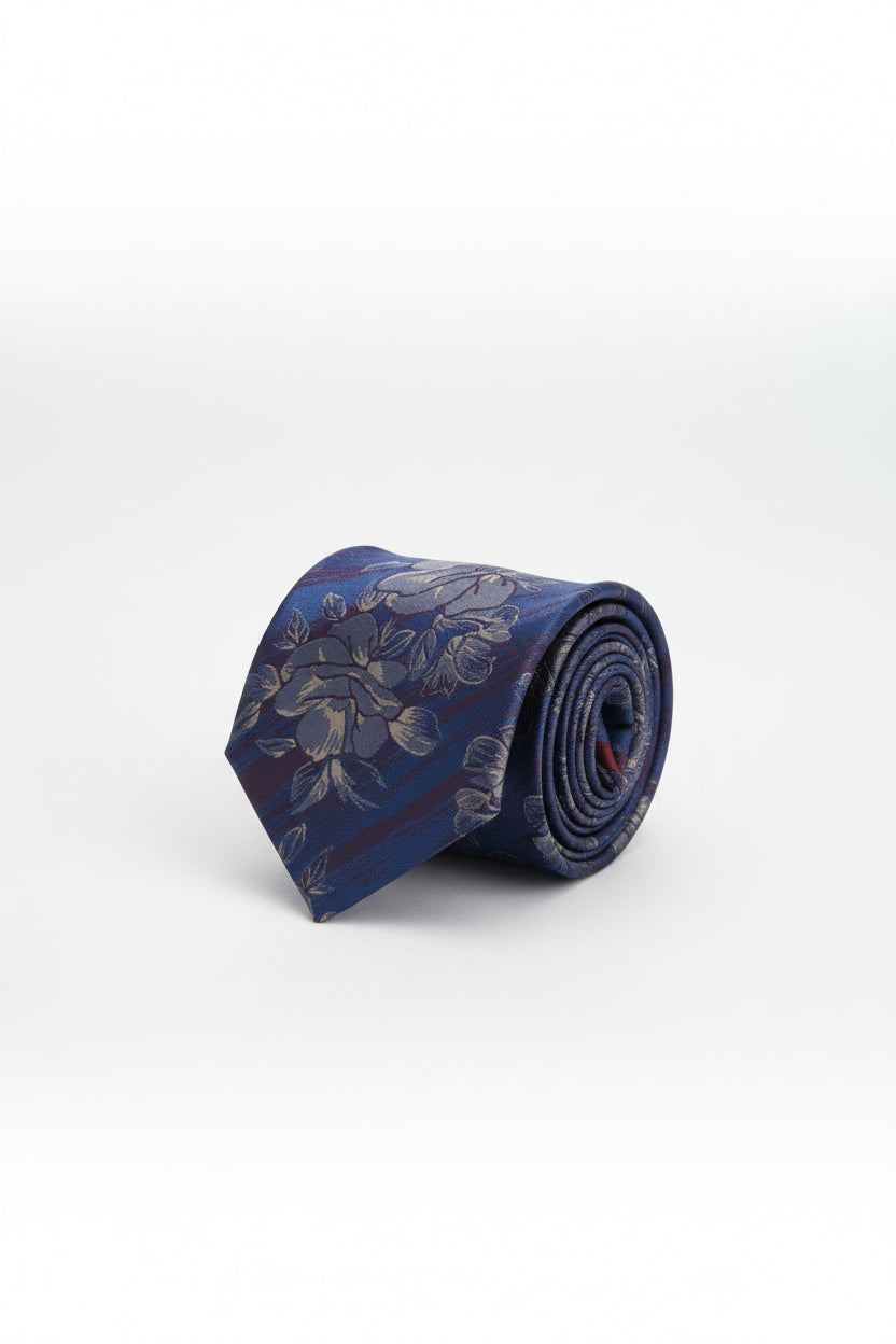 Elegant Bloom Navy Tie with Red Rose and Green Accents