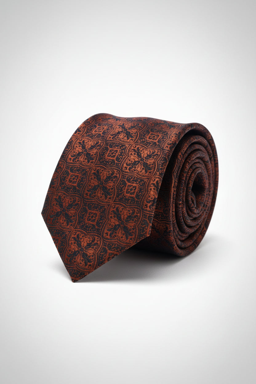 Rust Geometric Pattern Tie with Pocket Square Set