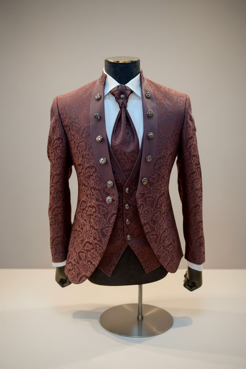 Burgundy Patterned Tuxedo - Slim Fit Collarless Tuxedo Suit for Men