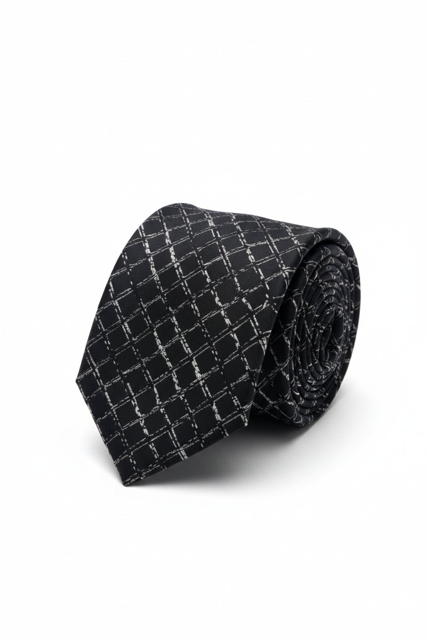 Black Geometric Grid Tie with Pocket Square - Modern Formal Accessory Set