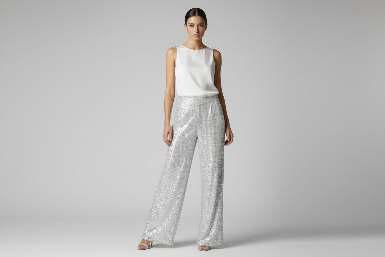 WHITE RHINESTONE WIDE LEG PANTS