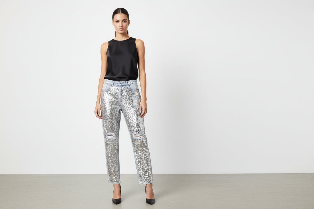 DENIM JEANS FULL FRONT SILVER SEQUIN