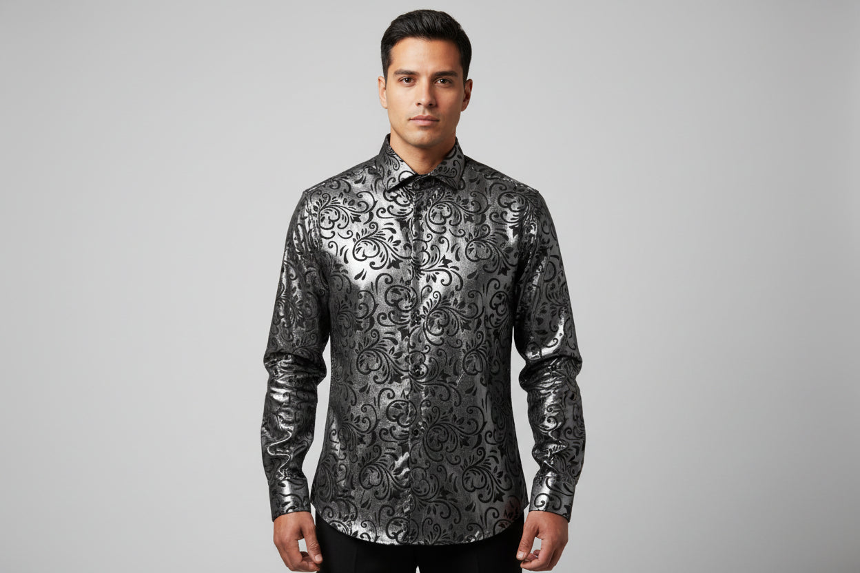 SATIN DRESS SHIRT WITH SWIRL PATTERN