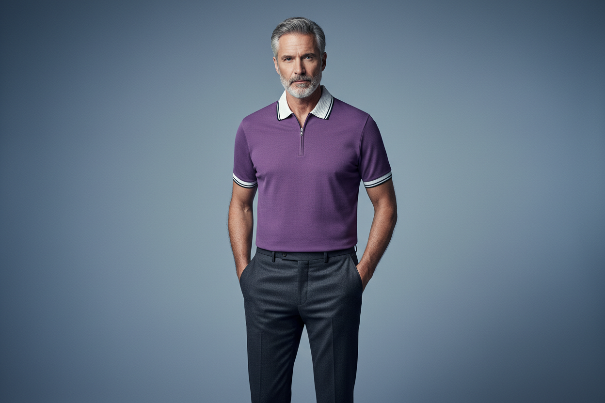 Purple Polo with Textured Collar - Casual Pose