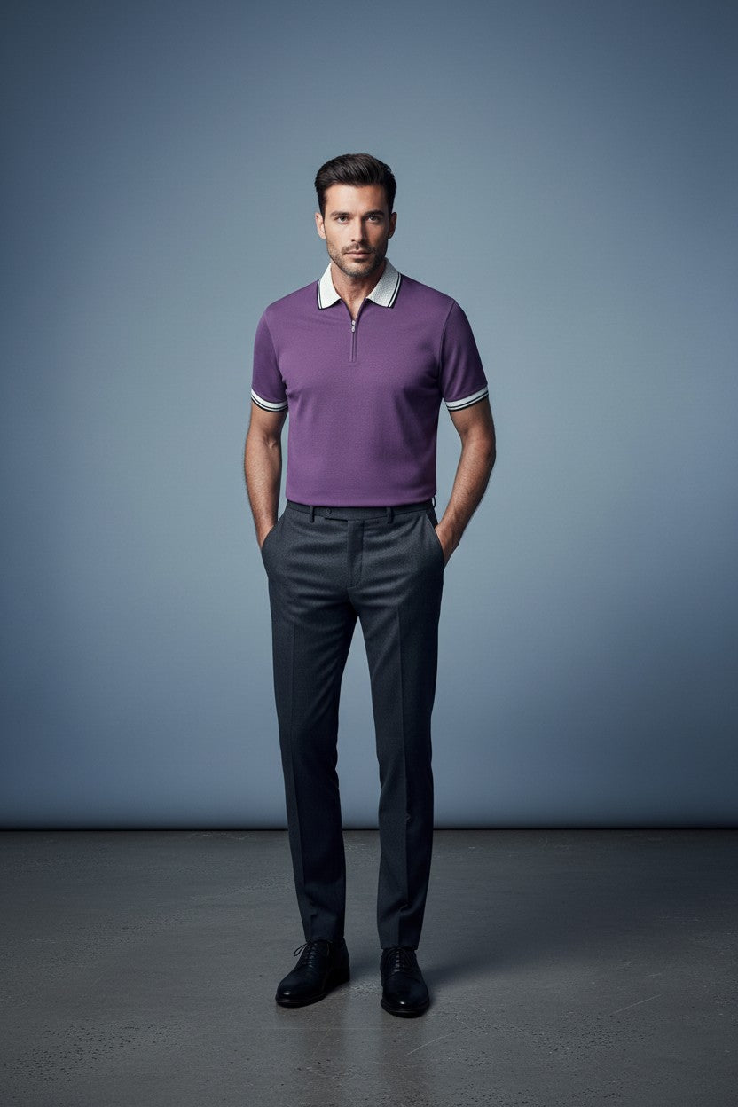 Men's Premium Zip Neck Textured Polo Shirt