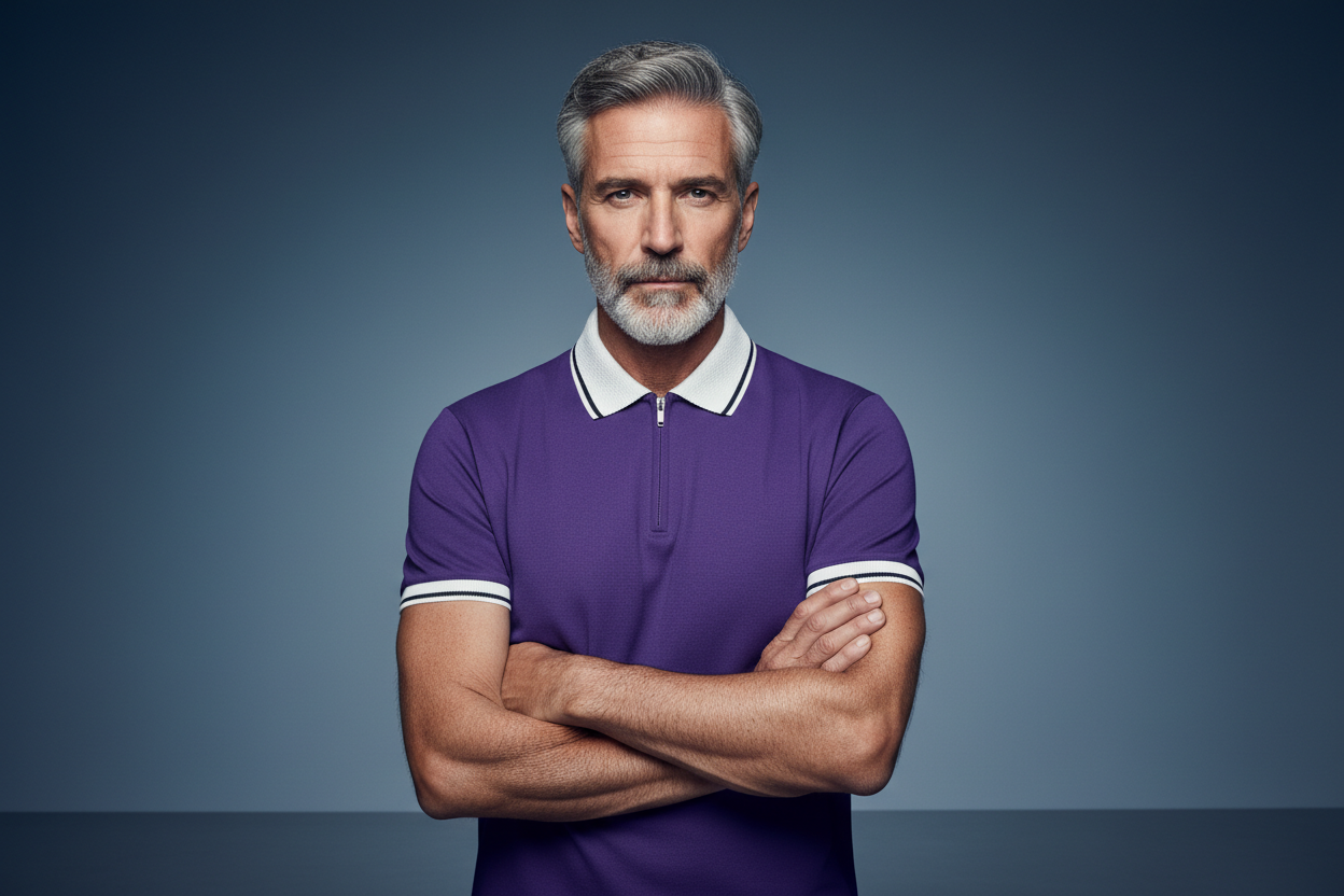 Purple Polo with Textured Collar - Confident Pose