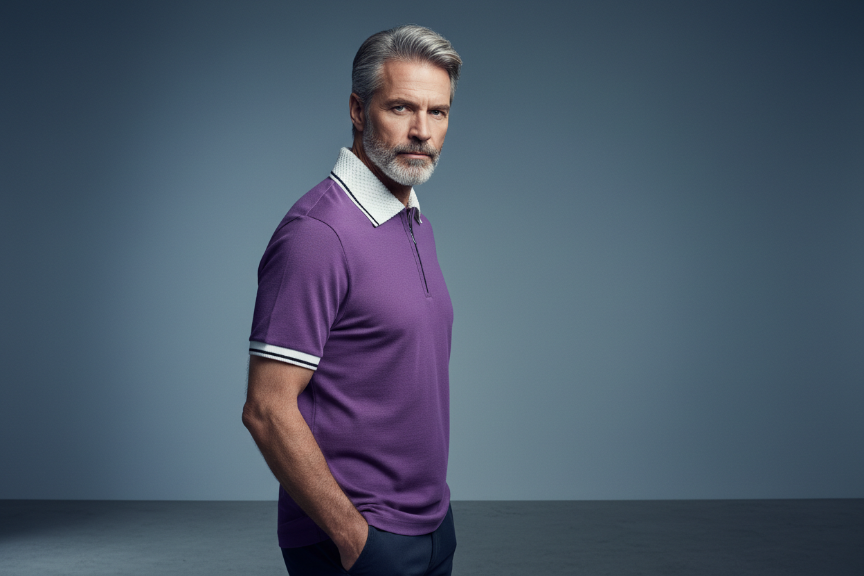 Purple Polo with Textured Collar - Side Profile