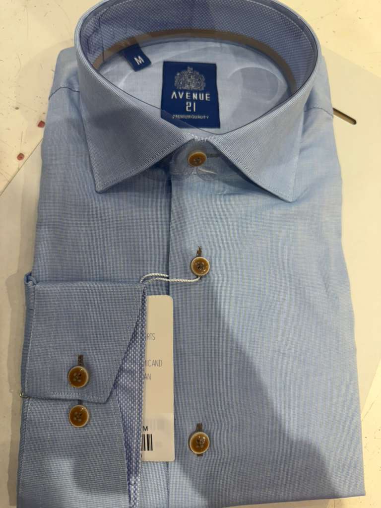 Men's Light Blue Textured Dress Shirt with Contrast Trim & Gold Buttons