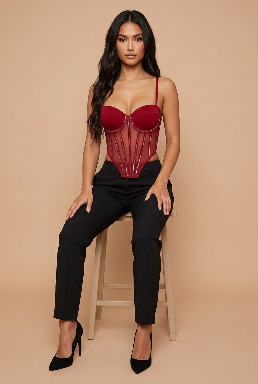 Red corset seated pose