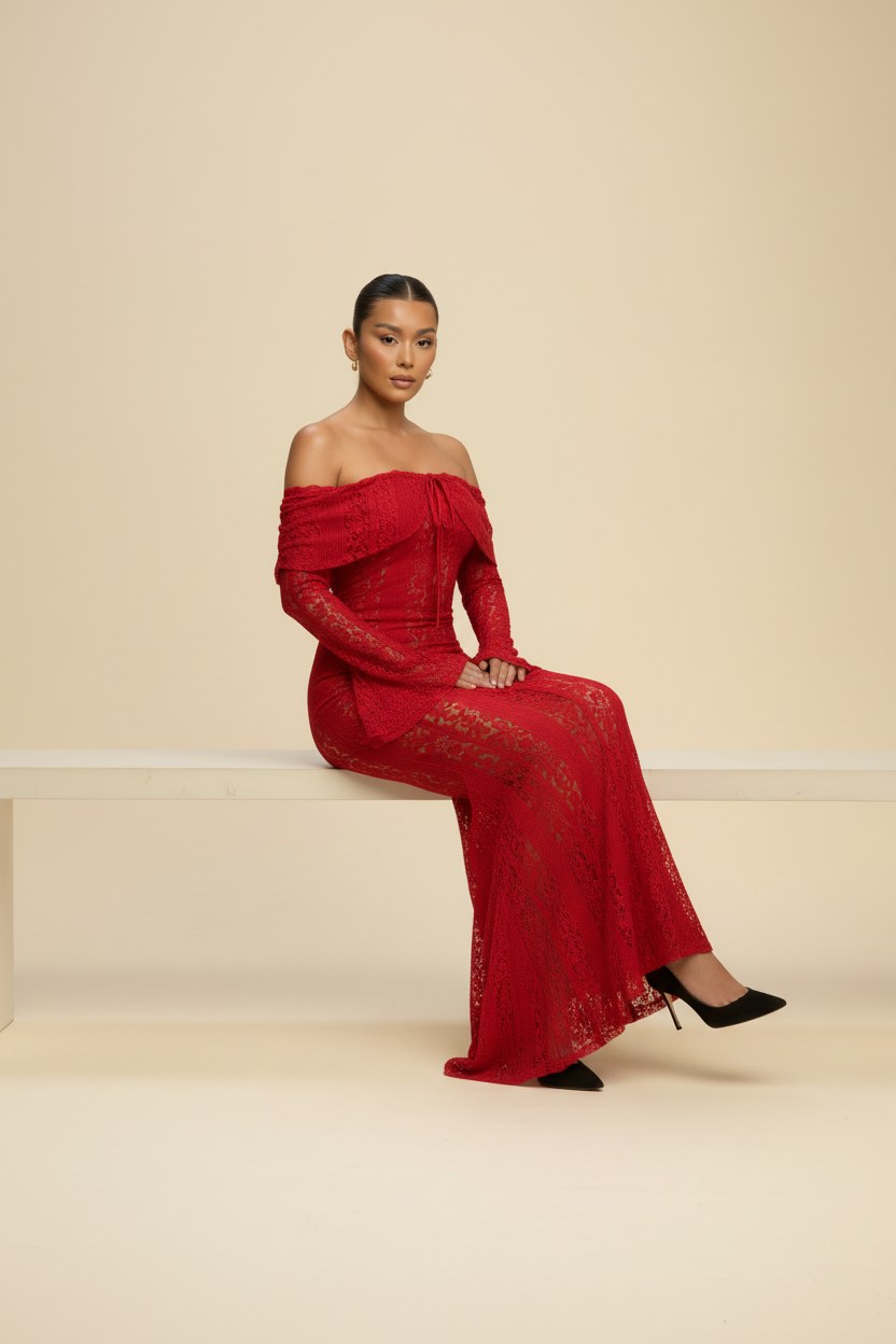 Red dress leaning pose