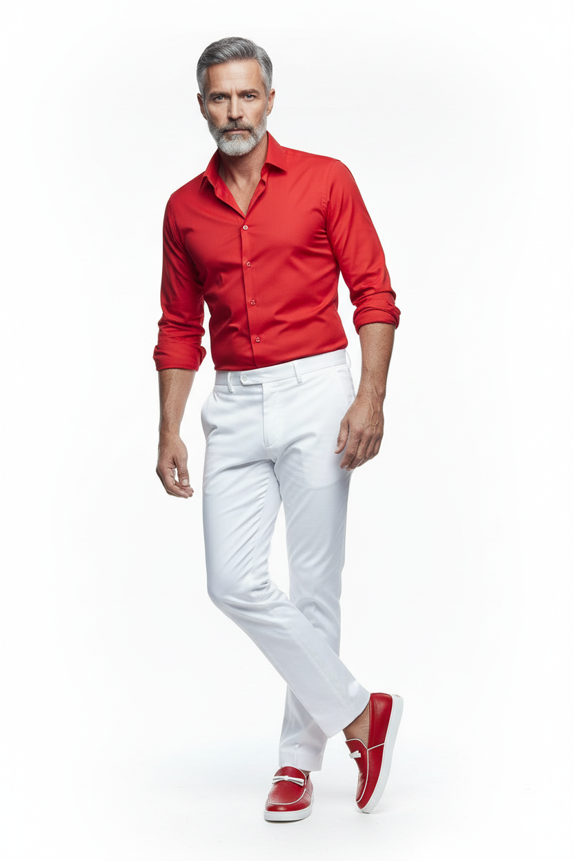 Red loafer leaning - red shirt white pants