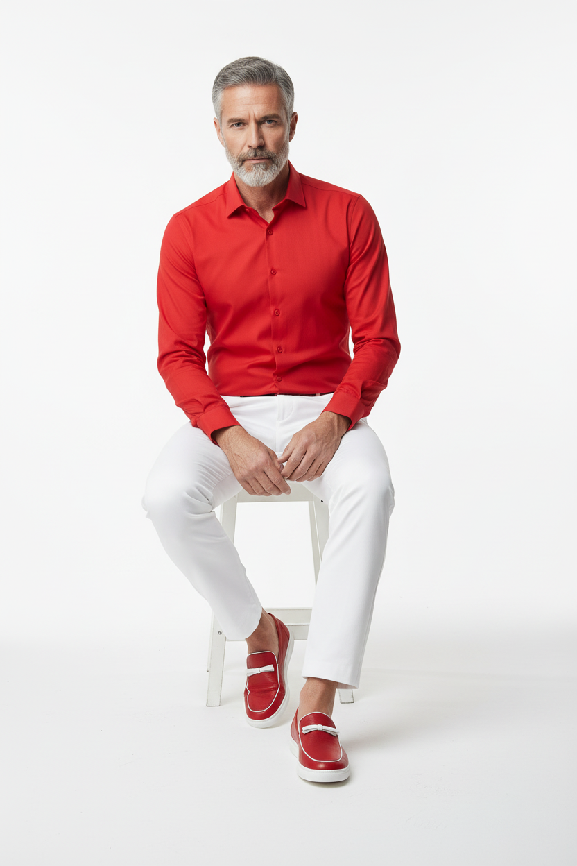 Red loafer seated - red shirt white pants