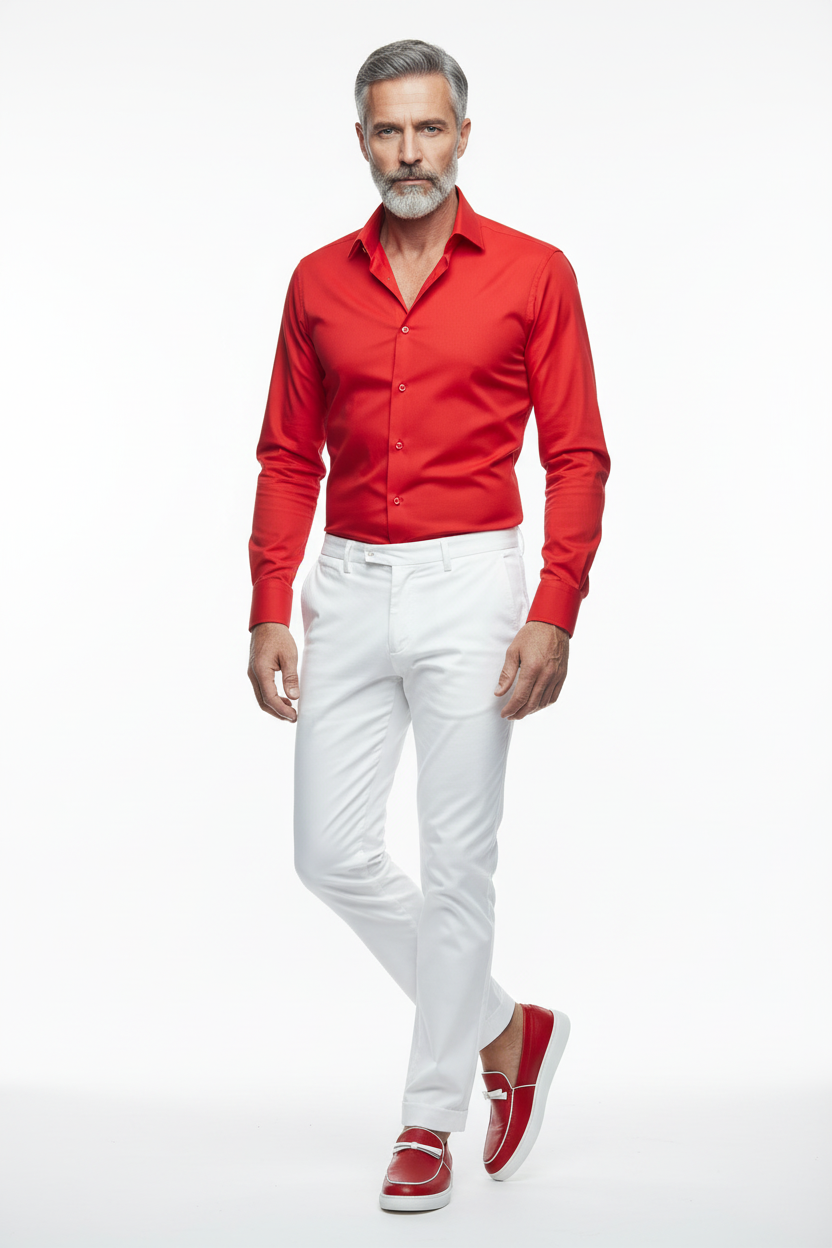 Red loafer standing - red shirt white pants
