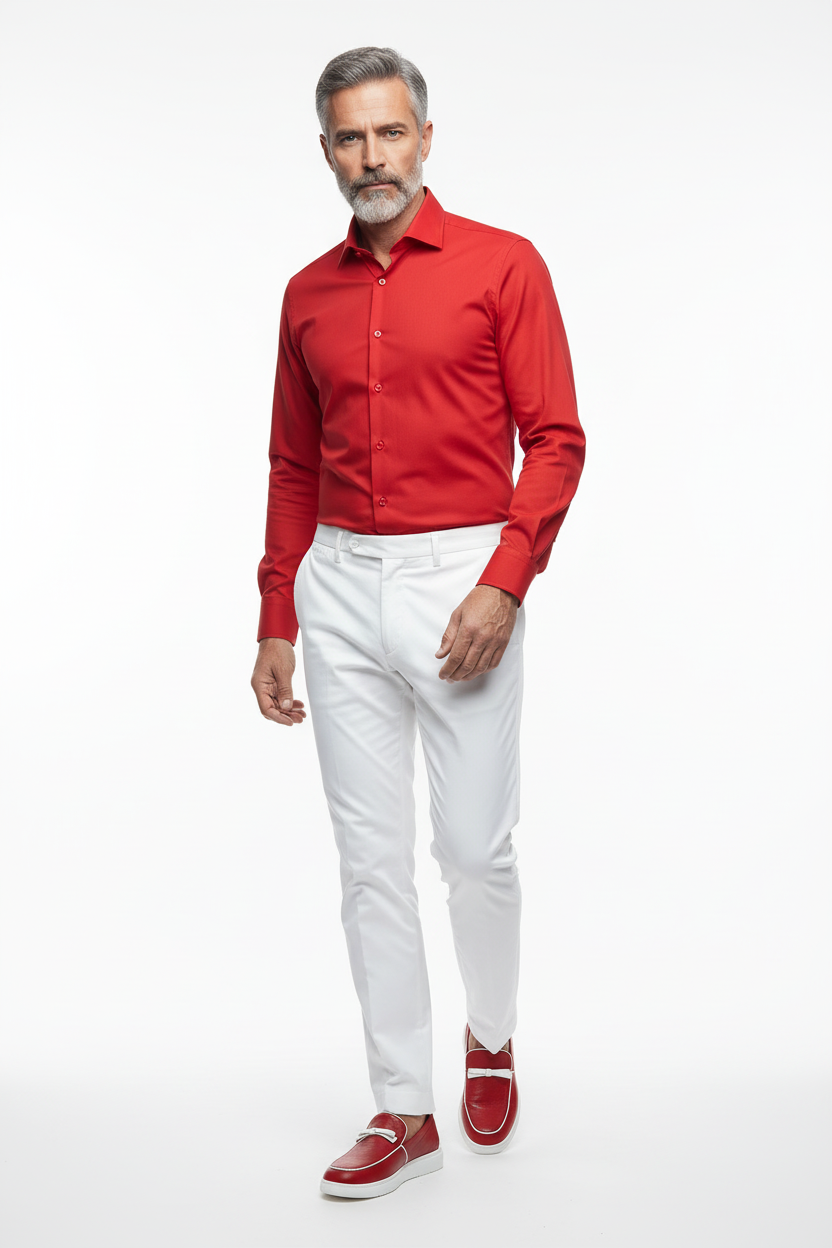 Red loafer walking - red shirt white pants