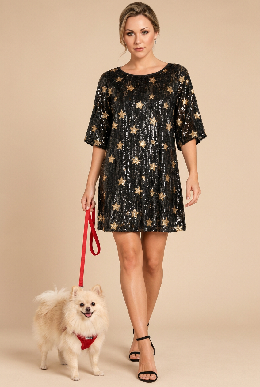 Reference model wearing the star dress with her dog on a red leash