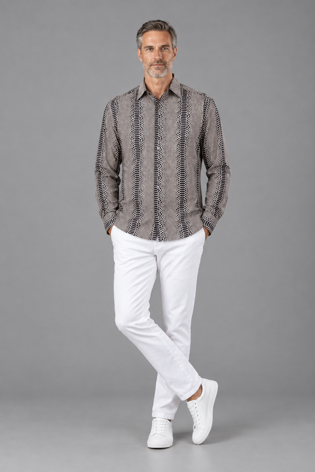 Men’s Snakeskin Print Long-Sleeve Button-Up Shirt – Taupe & Black