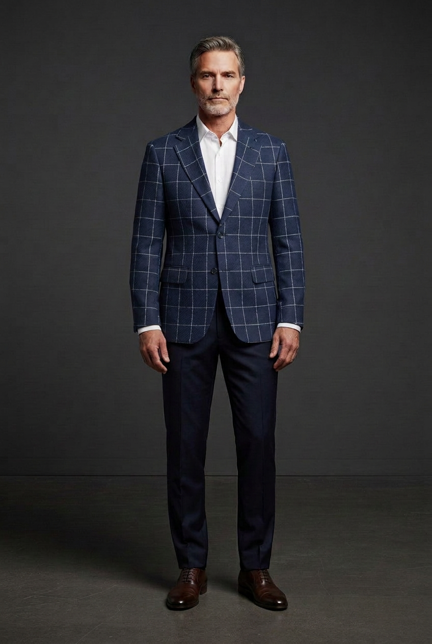 Revised blue jacket with aligned pocket checks