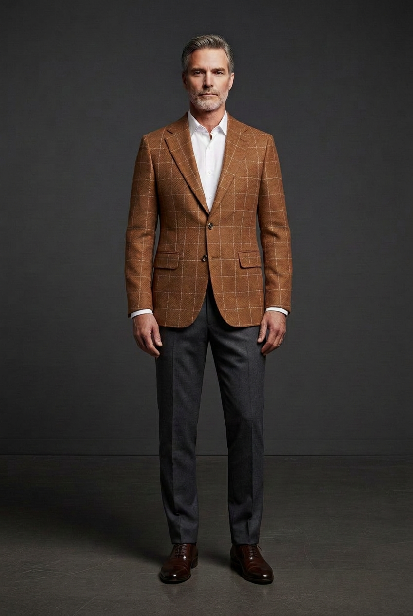 Revised brown jacket with aligned pocket checks