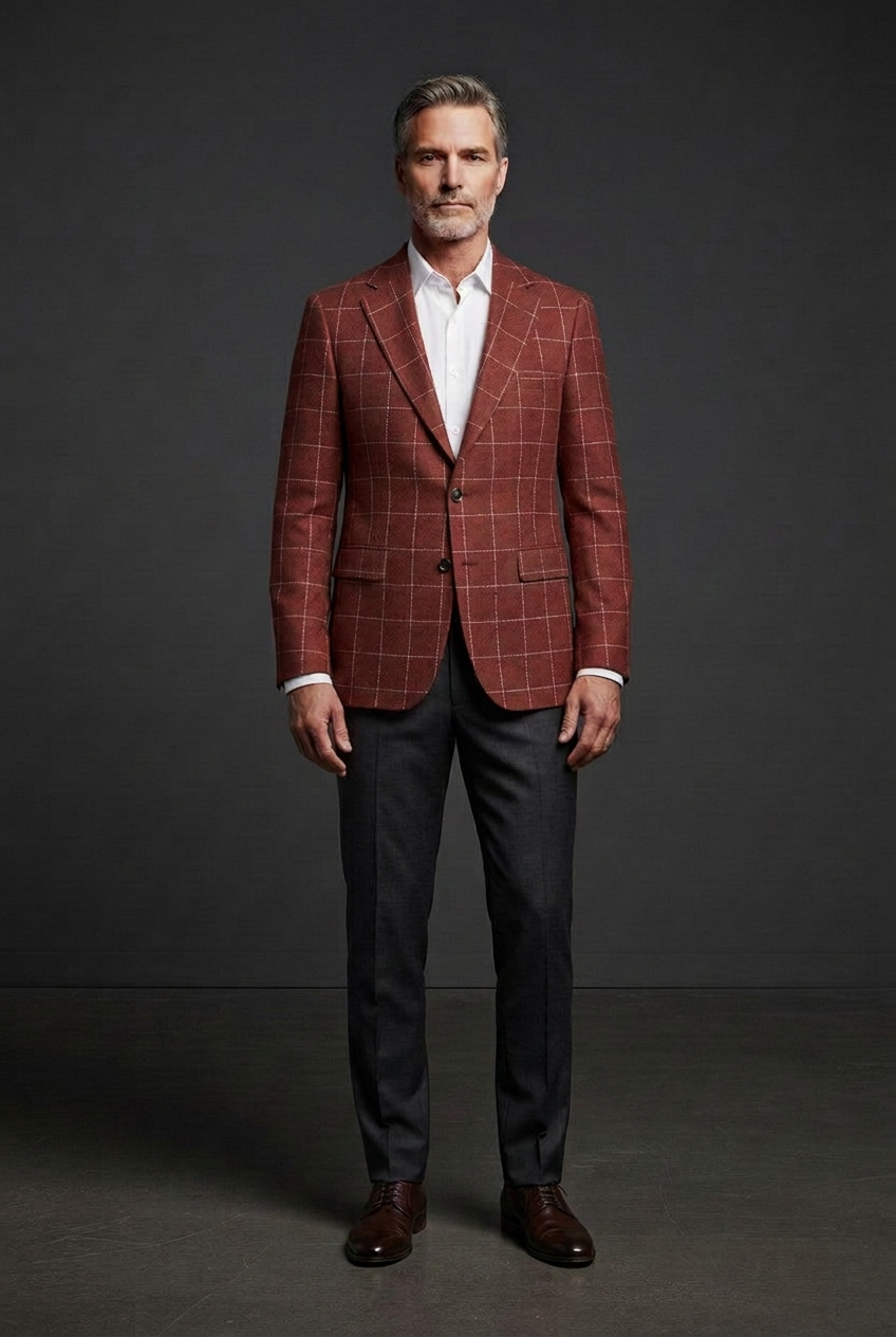 Revised burgundy jacket with aligned pocket checks