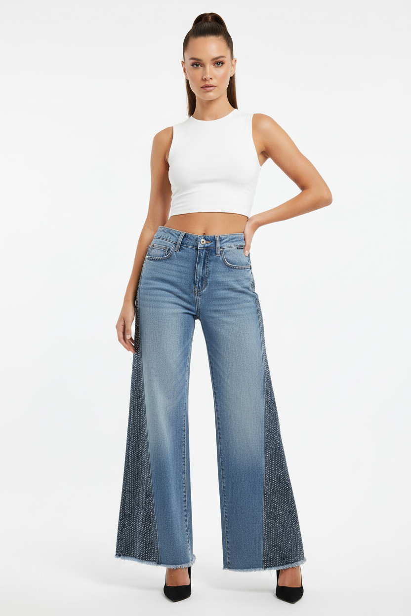 Rhinestone Wide-Leg Jeans on Model