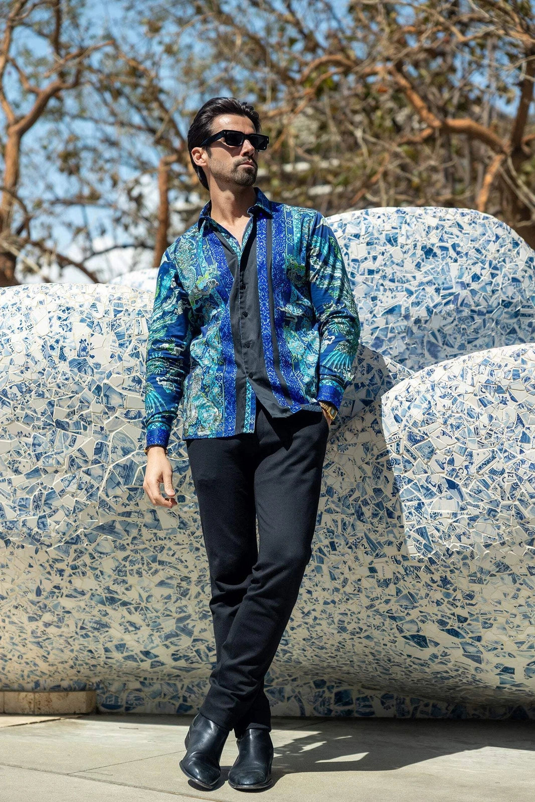 Men's Rhinestone Floral Rooster Long Sleeve Shirts
