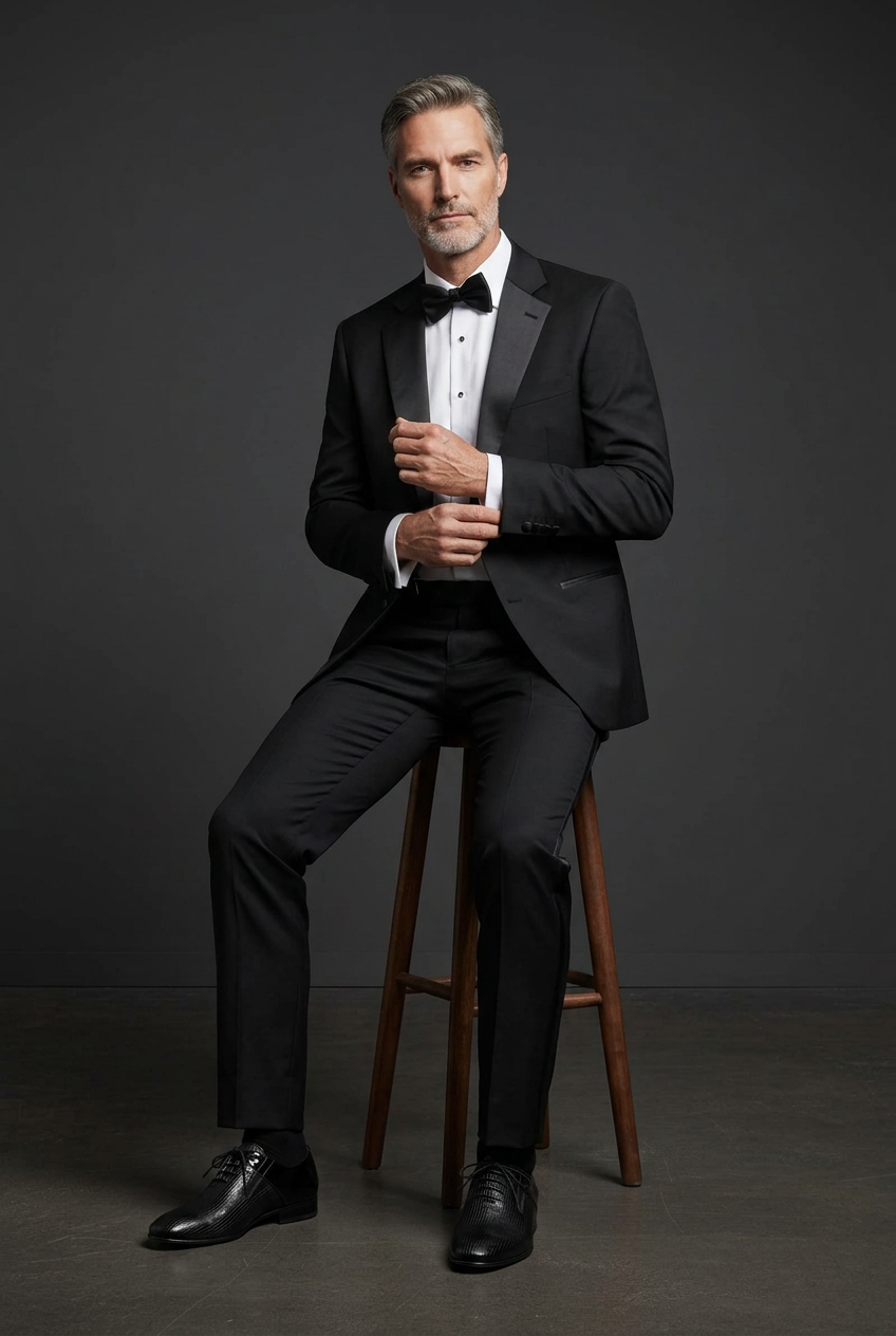 Seated tuxedo pose with your black dress shoes