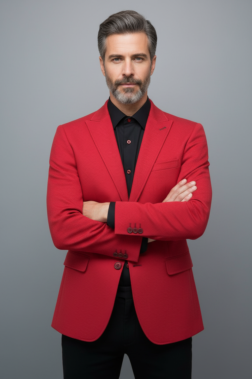 Sebastian arms crossed - red blazer