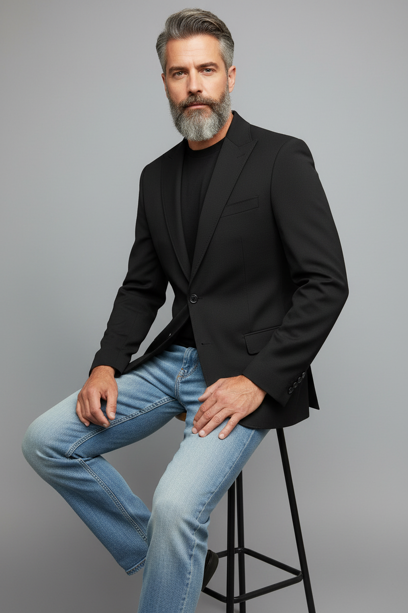 Sebastian seated pose - black blazer