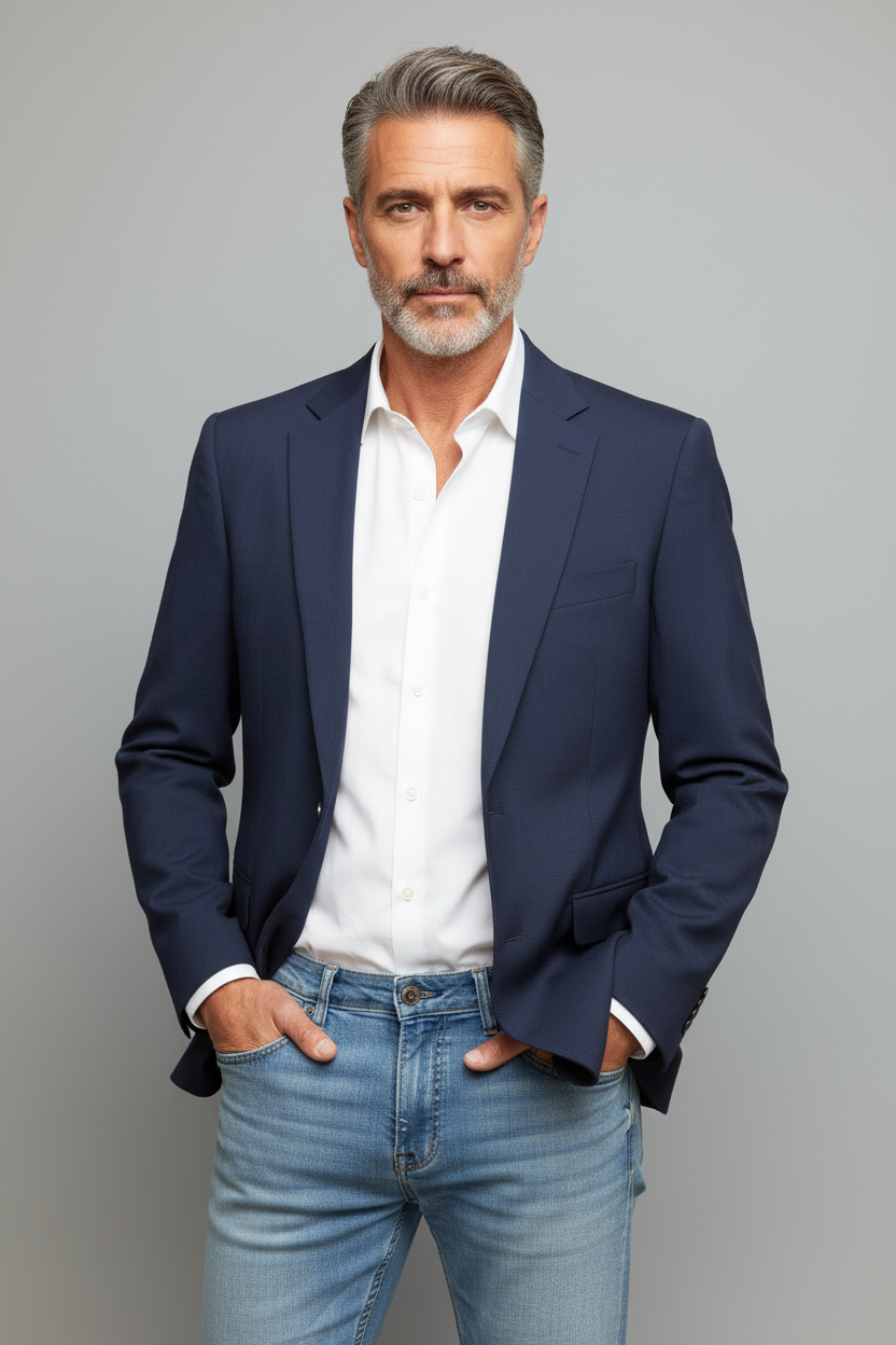 Sebastian standing pose with blazer and jeans