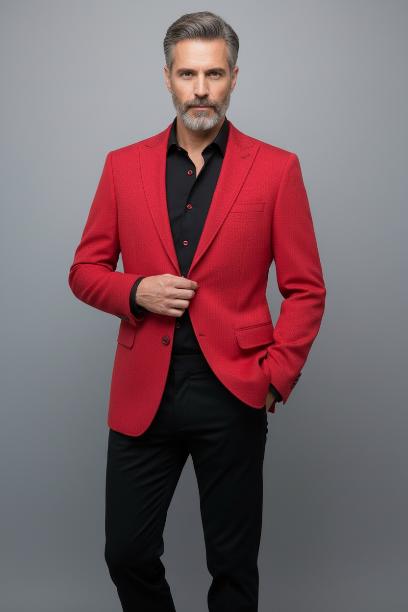 Sebastian standing with hand in pocket - red blazer
