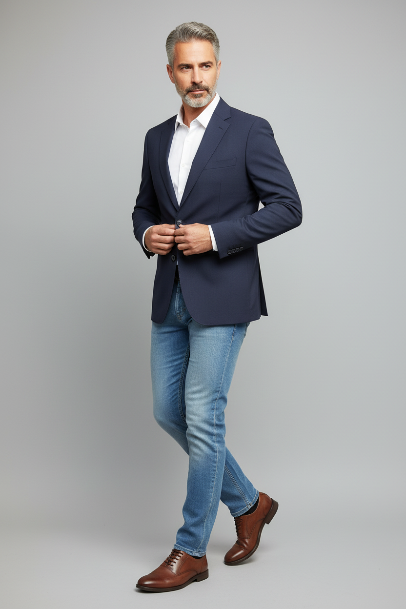 Sebastian walking pose with blazer and jeans