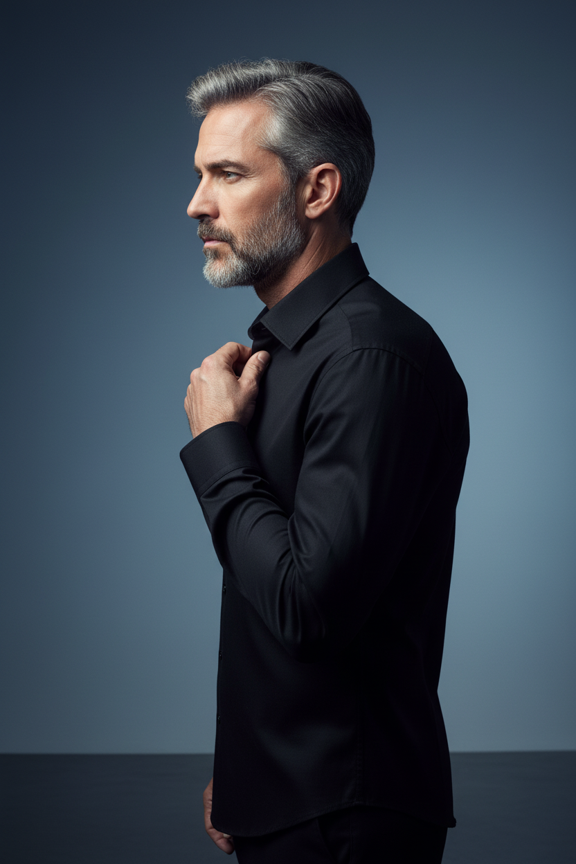 Sebastian wearing black shirt - side profile
