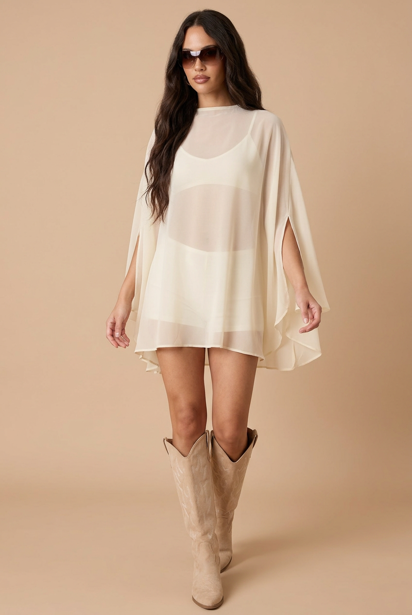 Sheer top walking pose
