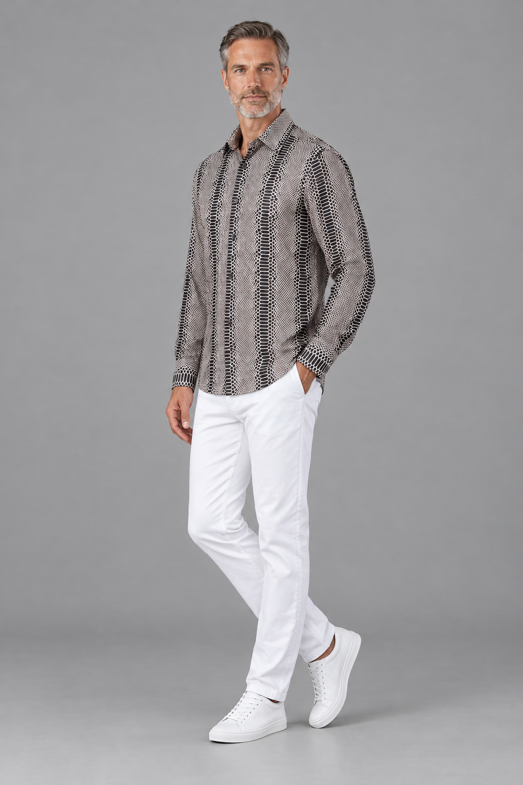 Men’s Snakeskin Print Long-Sleeve Button-Up Shirt – Taupe & Black