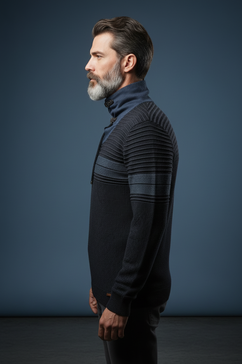 Side profile dark toggle sweater