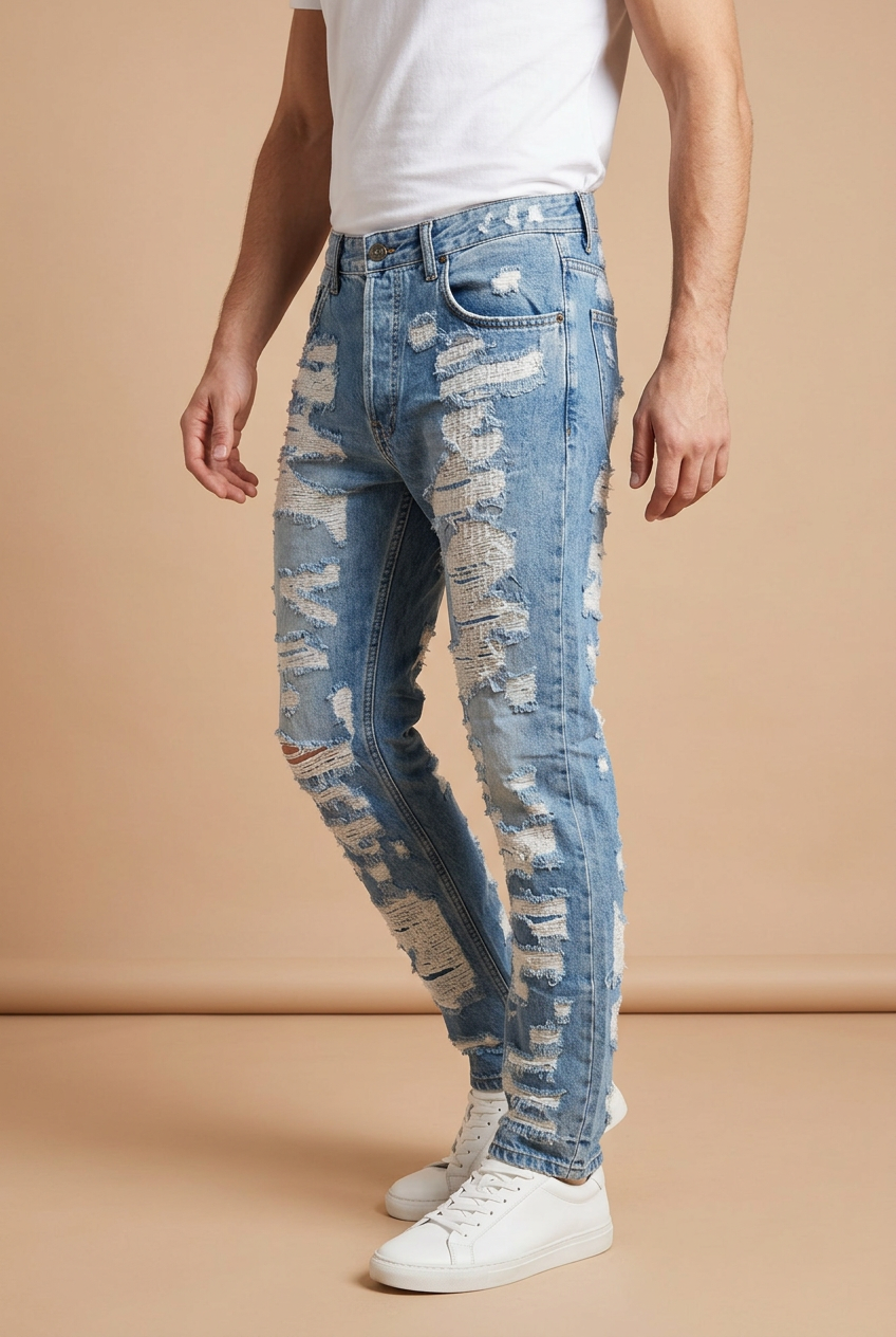 Side-profile model wearing distressed blue jeans