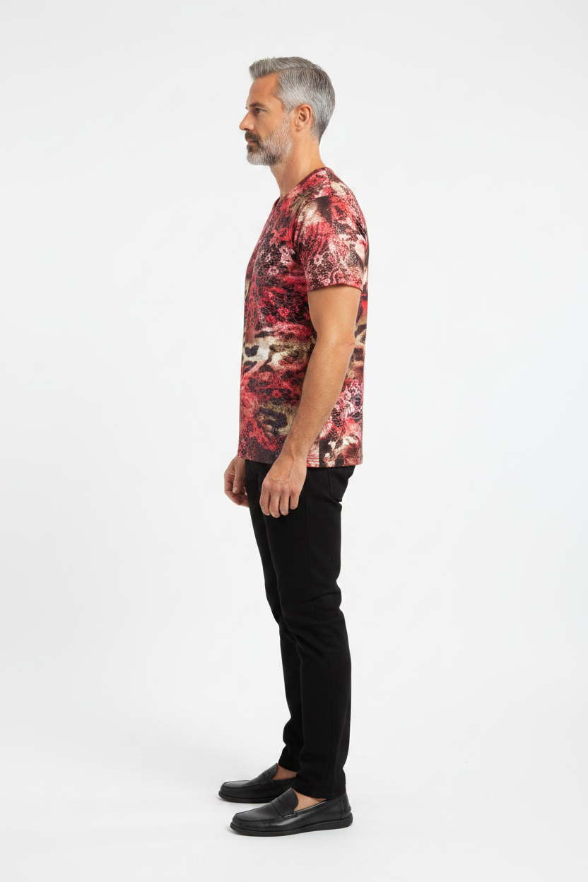 Crimson Lace Tiger Print V-Neck Tee