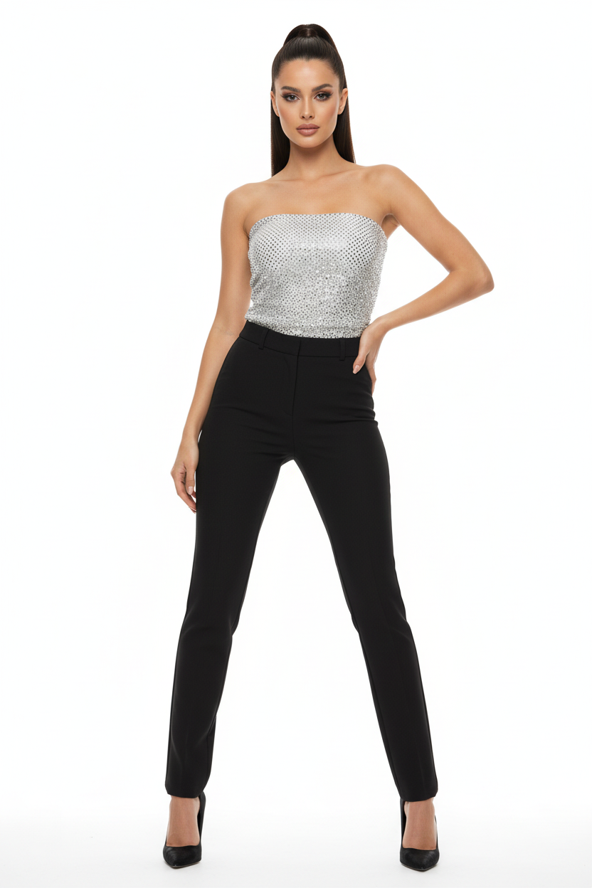 Silver Strapless Top on Model