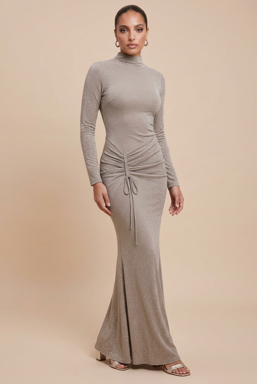 Silver-taupe angled pose