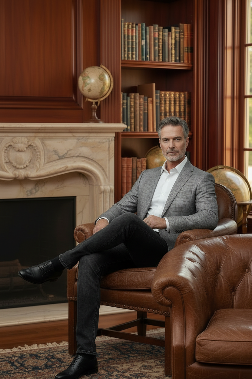 Sitting on leather armchair